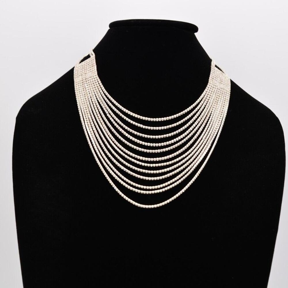 Vintage Crystal Collar Necklace Rhinestone Fringe Multi-Chain Shiny 1990s BinG